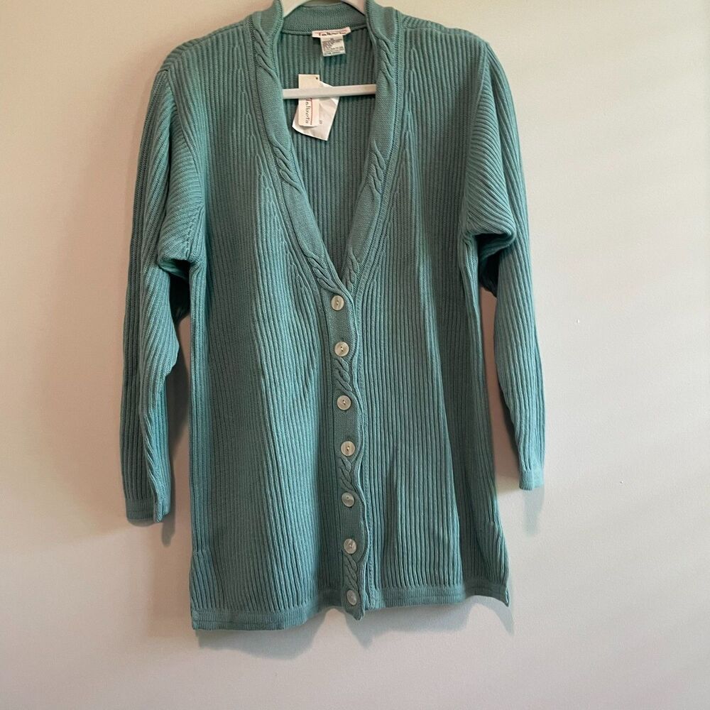 Talbots 100% Cotton Teal Cable Knit Cardigan Women Sweater M